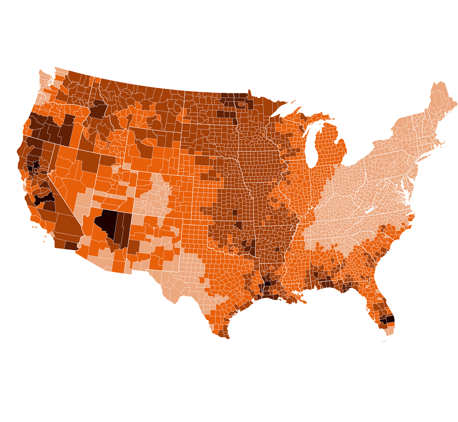 U.S. county map showing wildfire smoke days